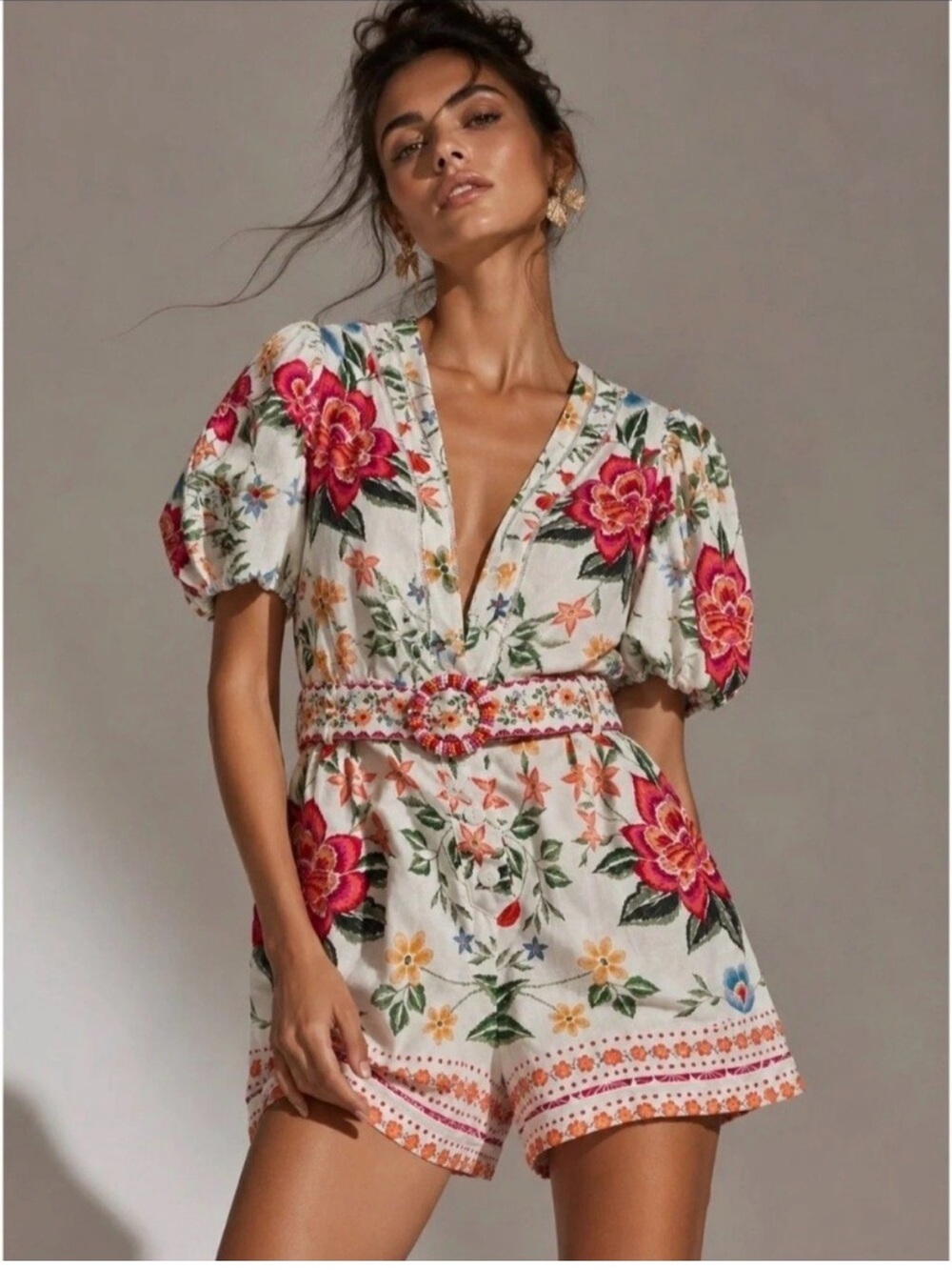 $395 NWT Caroline Constas Linen-Blend floral Printed Romper